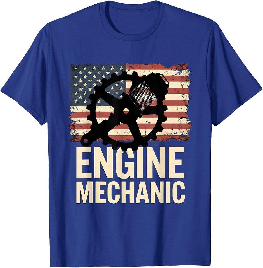 Men's Engine Mechanic Distressed Flag American Worker Patriotic T-Shirt - Royal Blue