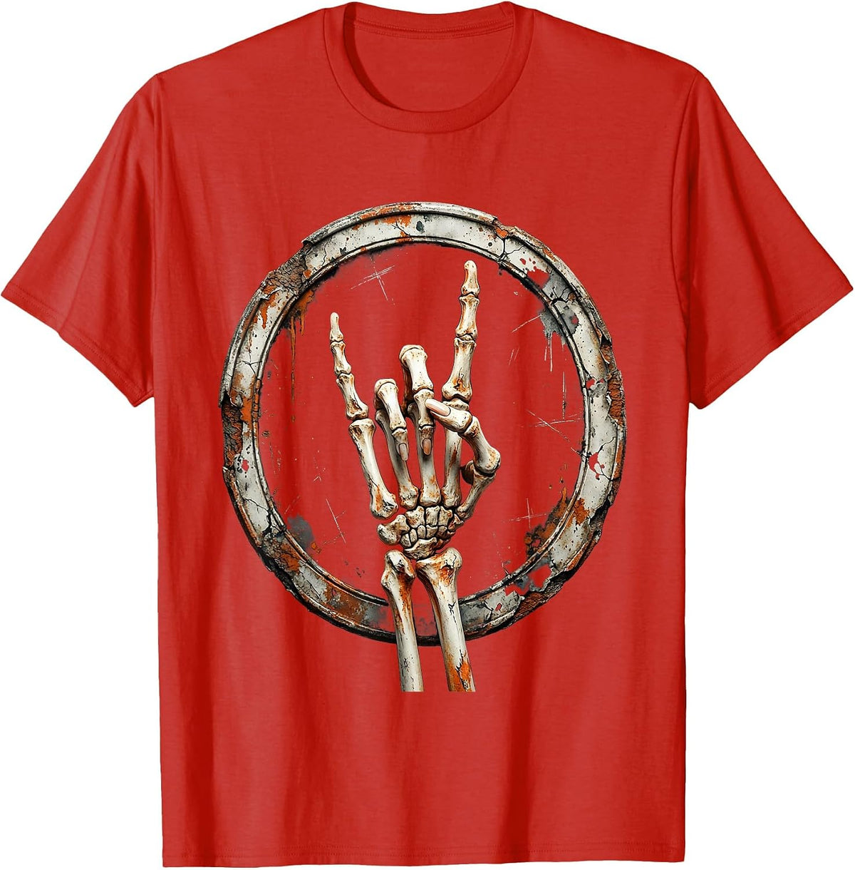 Skeletal Devil Horns Punk Rock Hand Sign T-Shirt - Red
