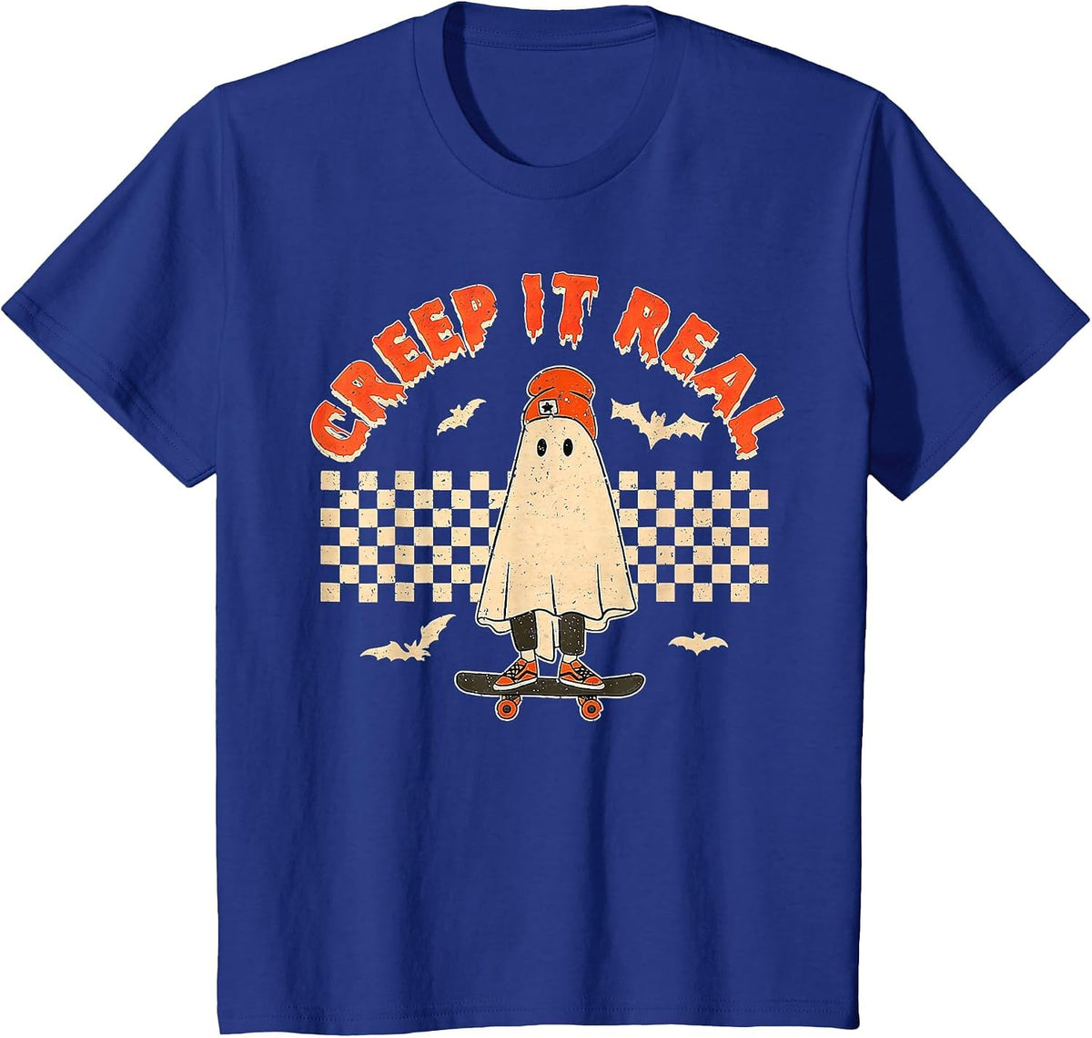 Creep It Real Skateboarding Ghost Retro Halloween Costume T-Shirt - Royal Blue