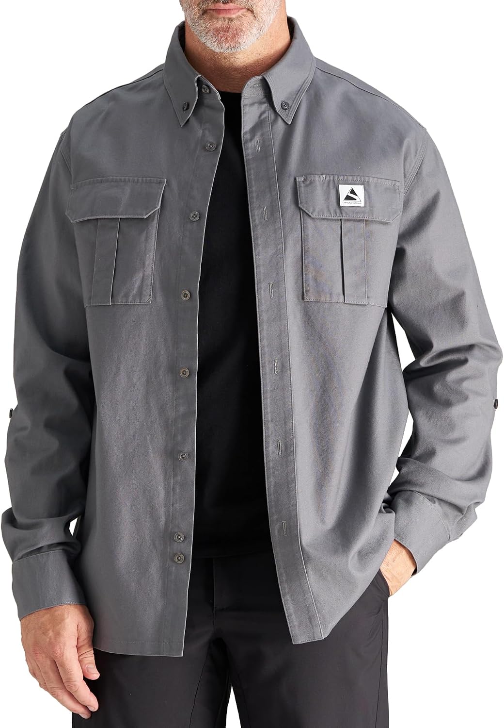 CHRONOLINE Mens Button Down Shirt Long Sleeve Cotton Canvas Workwear - Slate Grey