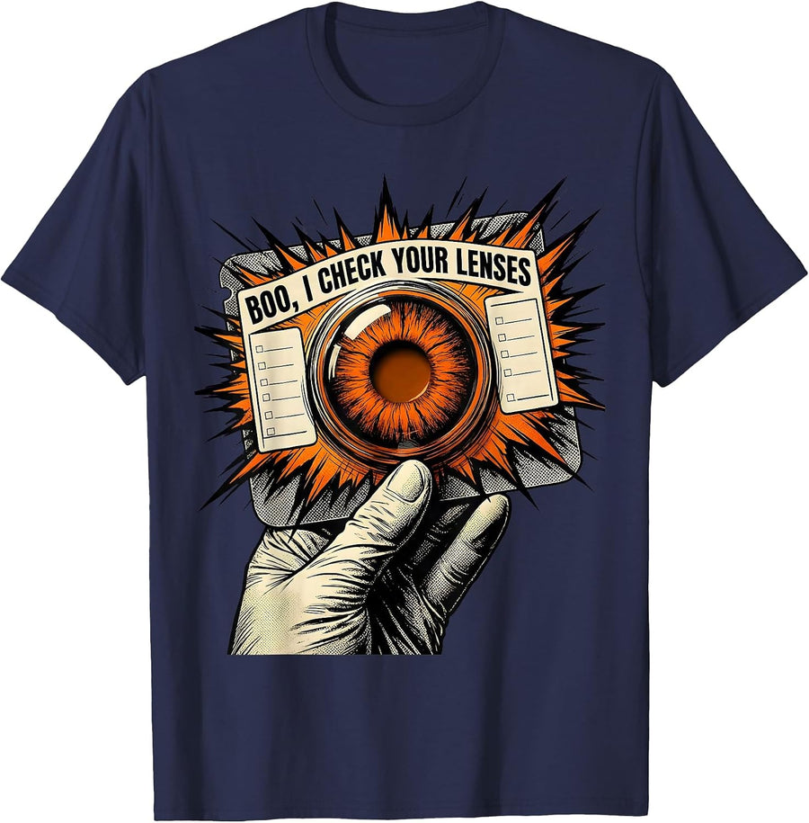 Boo I Check Your Lenses Comic Book Halloween Optometrist Eye T-Shirt - Navy Blue