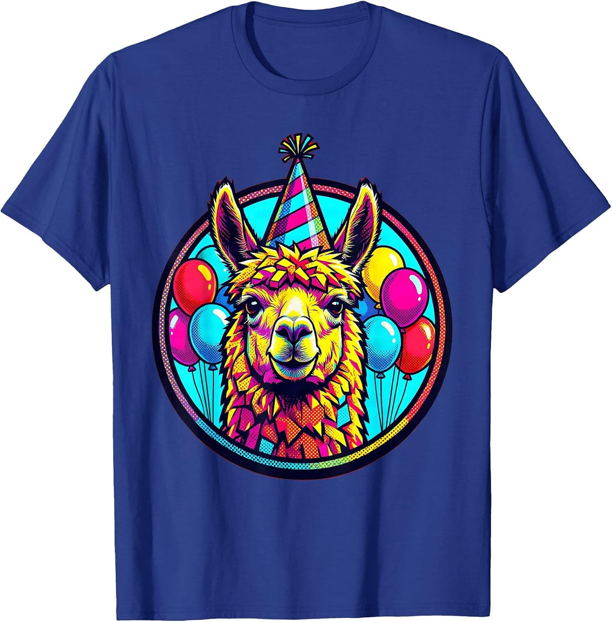 Llama 8th Birthday Party Hat Balloons Illustration T-Shirt - Royal Blue