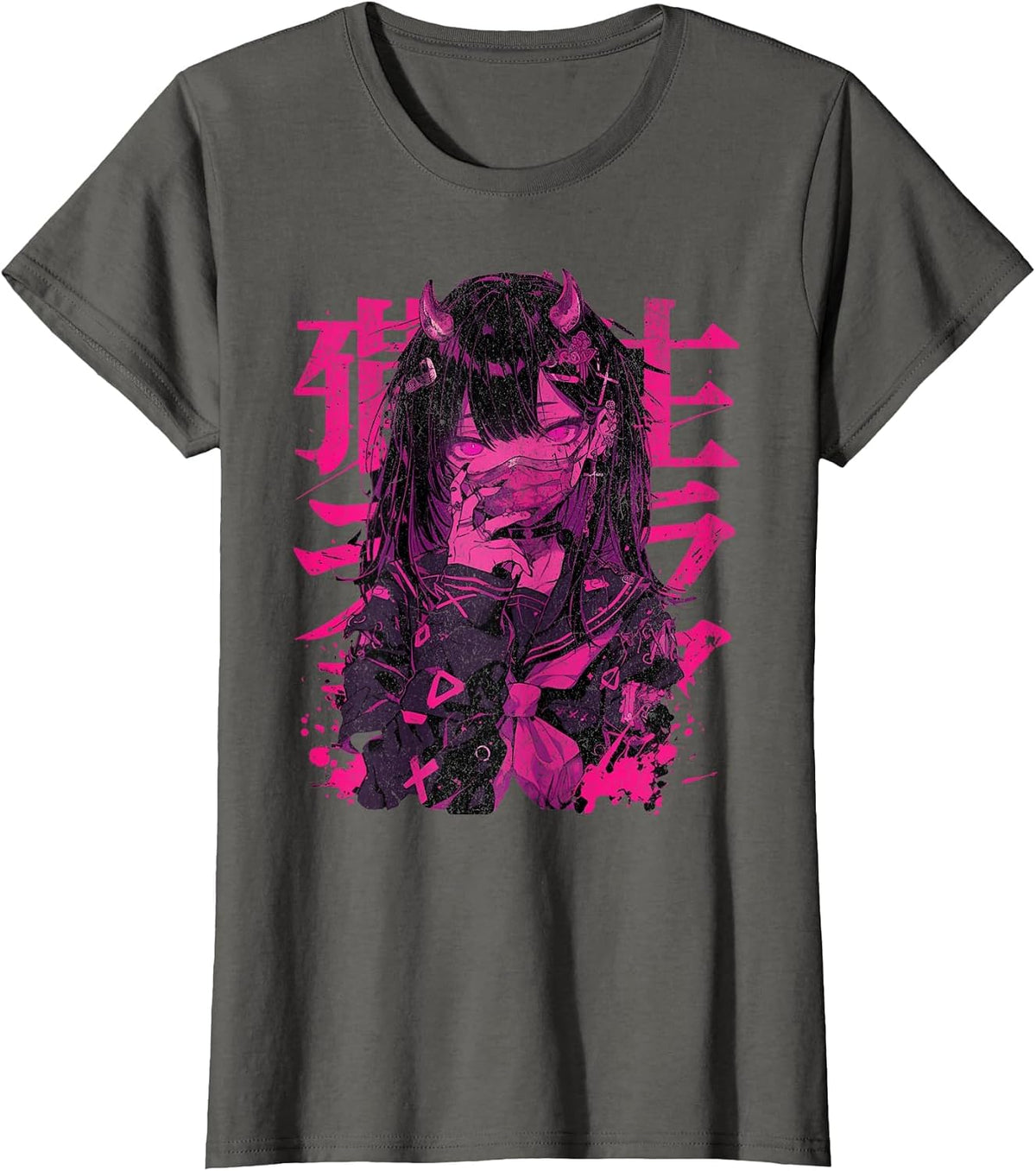 Goth Grunge Demon Anime Girl Waifu Horror Alt Aesthetic T-Shirt - Asphalt Grey