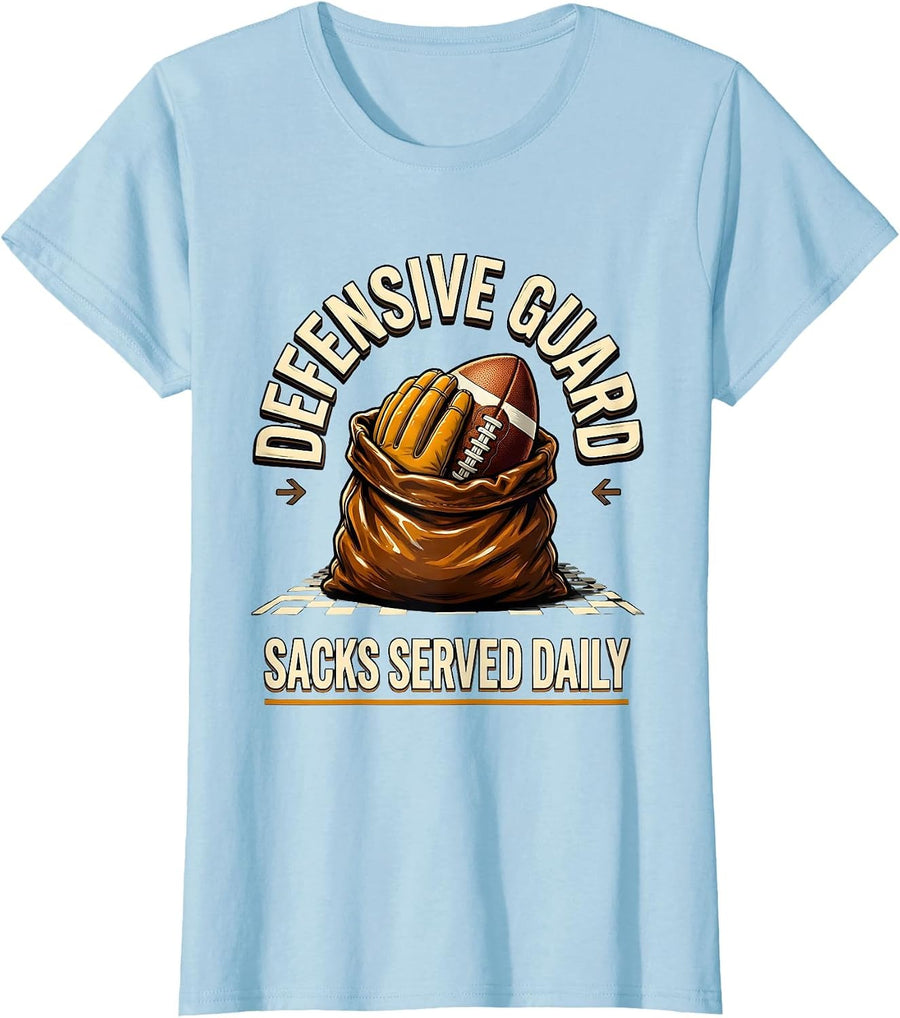 Women's Defensive Guard Sacks Served Daily Funny Football Lineman T-Shirt - Baby Blue