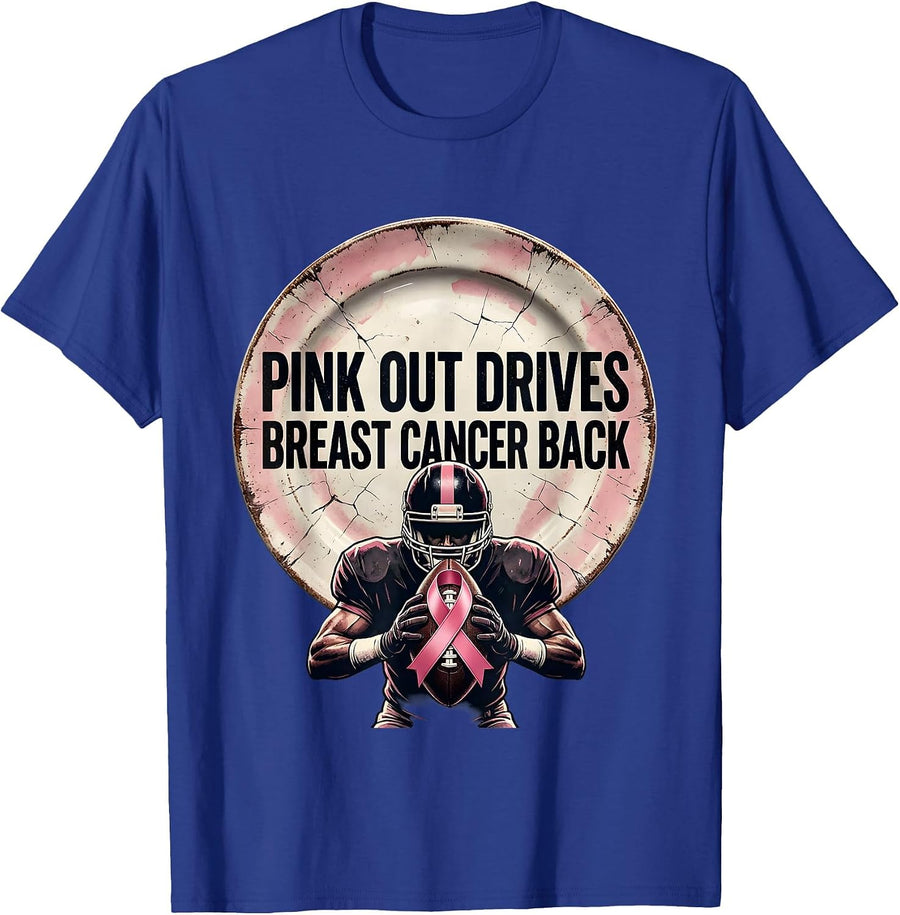 Pink Out Drives Breast Cancer Back Distressed Football Pink T-Shirt - Royal Blue