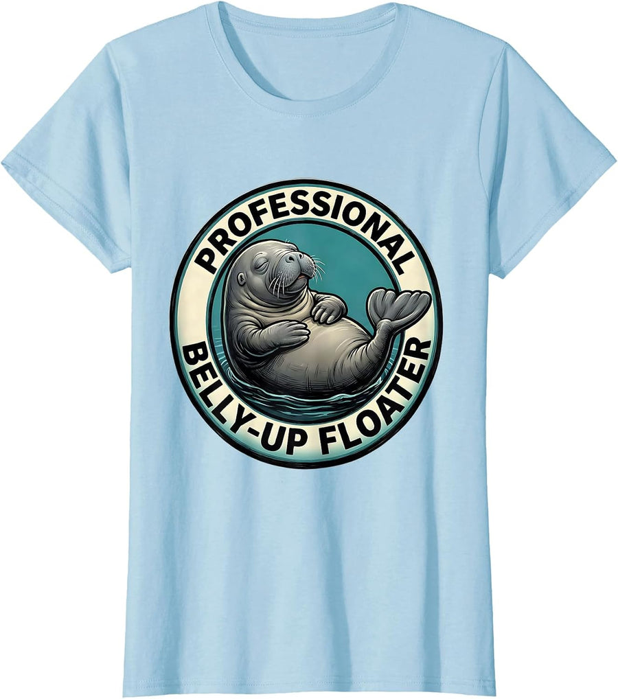 Women's Professional Belly-Up Floater Funny Manatee Lover Ocean T-Shirt - Baby Blue