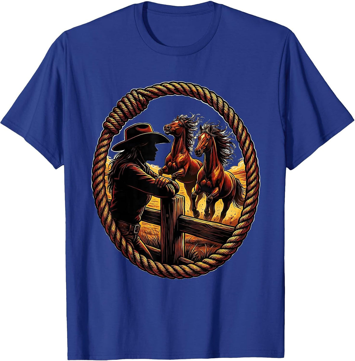 Men's Wild Horse Watcher Cowboy Fence Illustration T-Shirt - Royal Blue