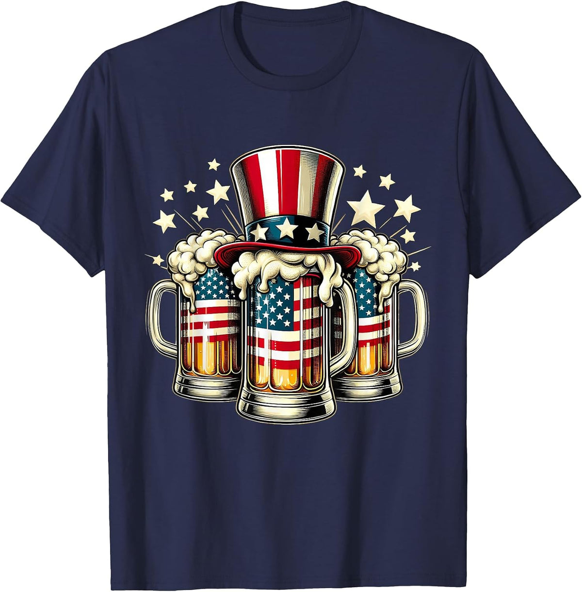 Beer American Flag USA 4th of July Party Drinking Men Women T-Shirt - Navy Blue