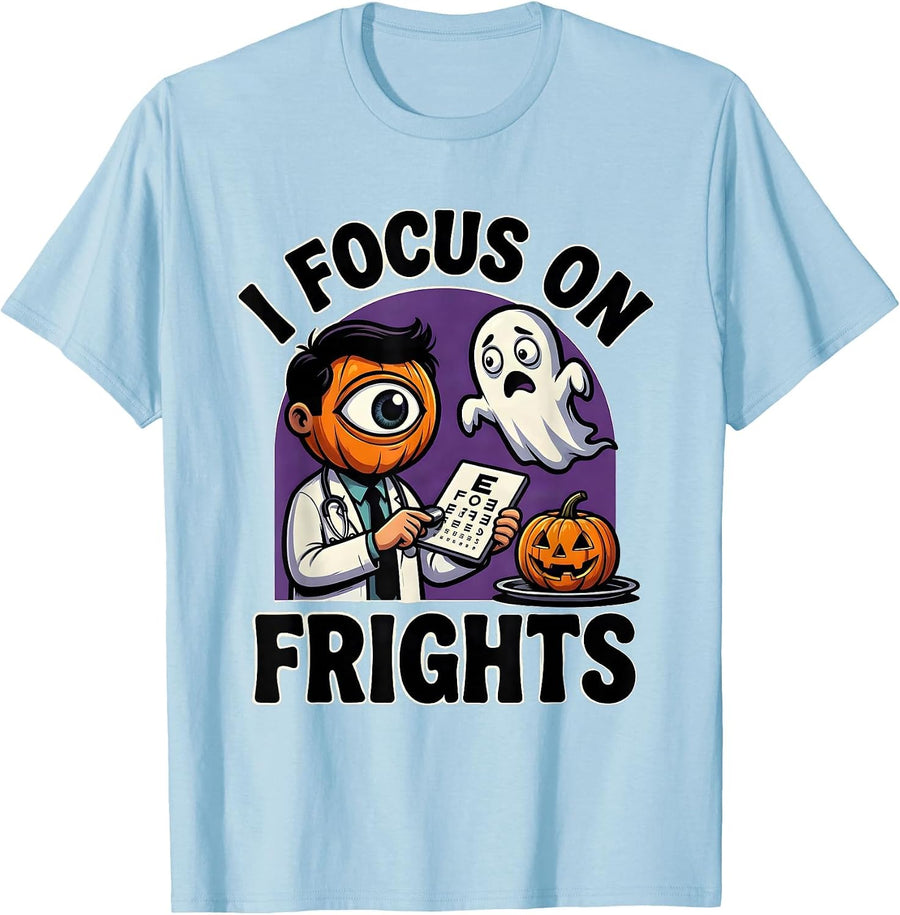 Men's I Focus on Frights Cartoon Halloween Eye Doctor Optometrist T-Shirt - Baby Blue