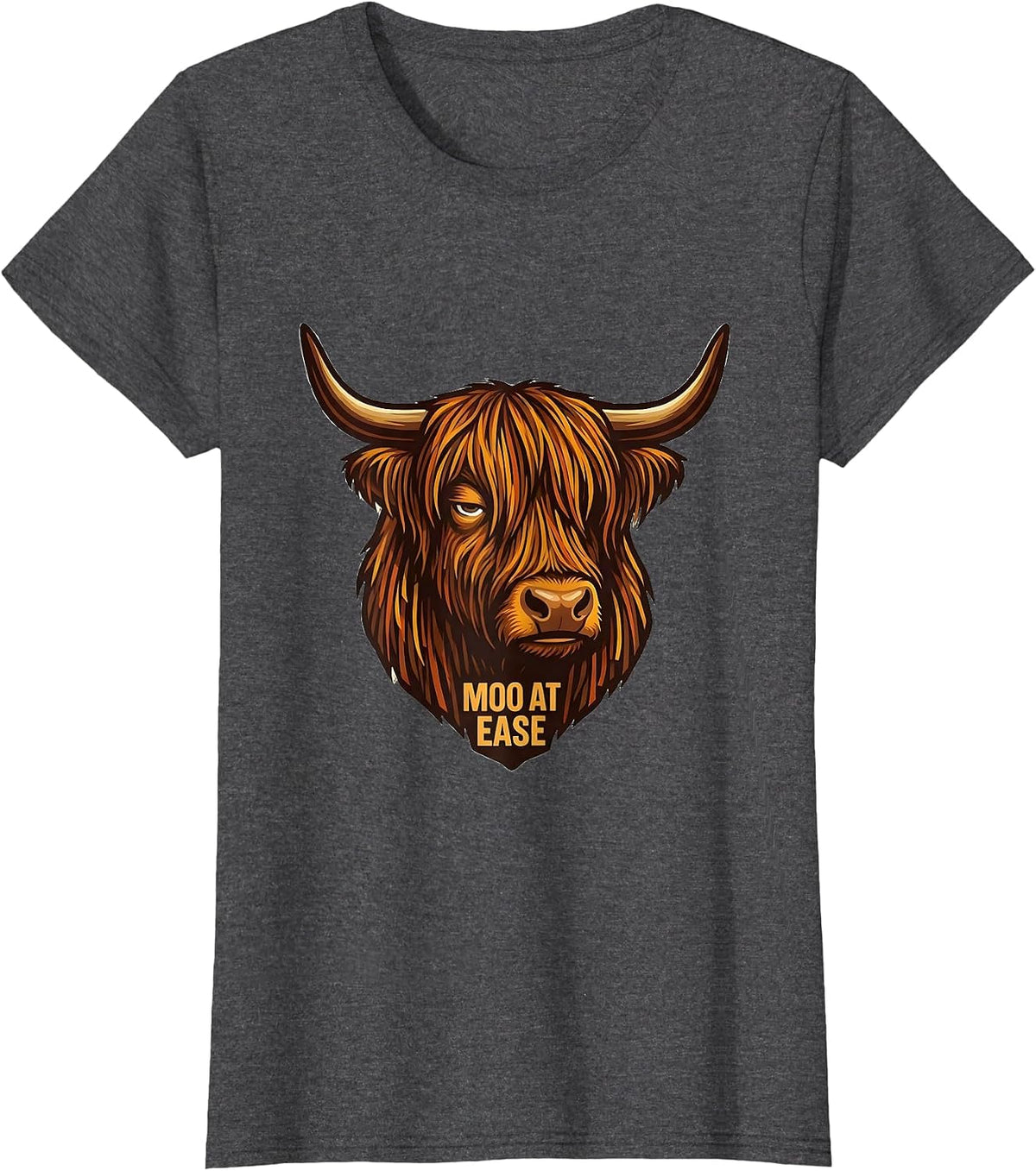 Women's Moo At Ease Funny Highland Cow Farm Animal Lover Humor T-Shirt - Dark Heather Grey