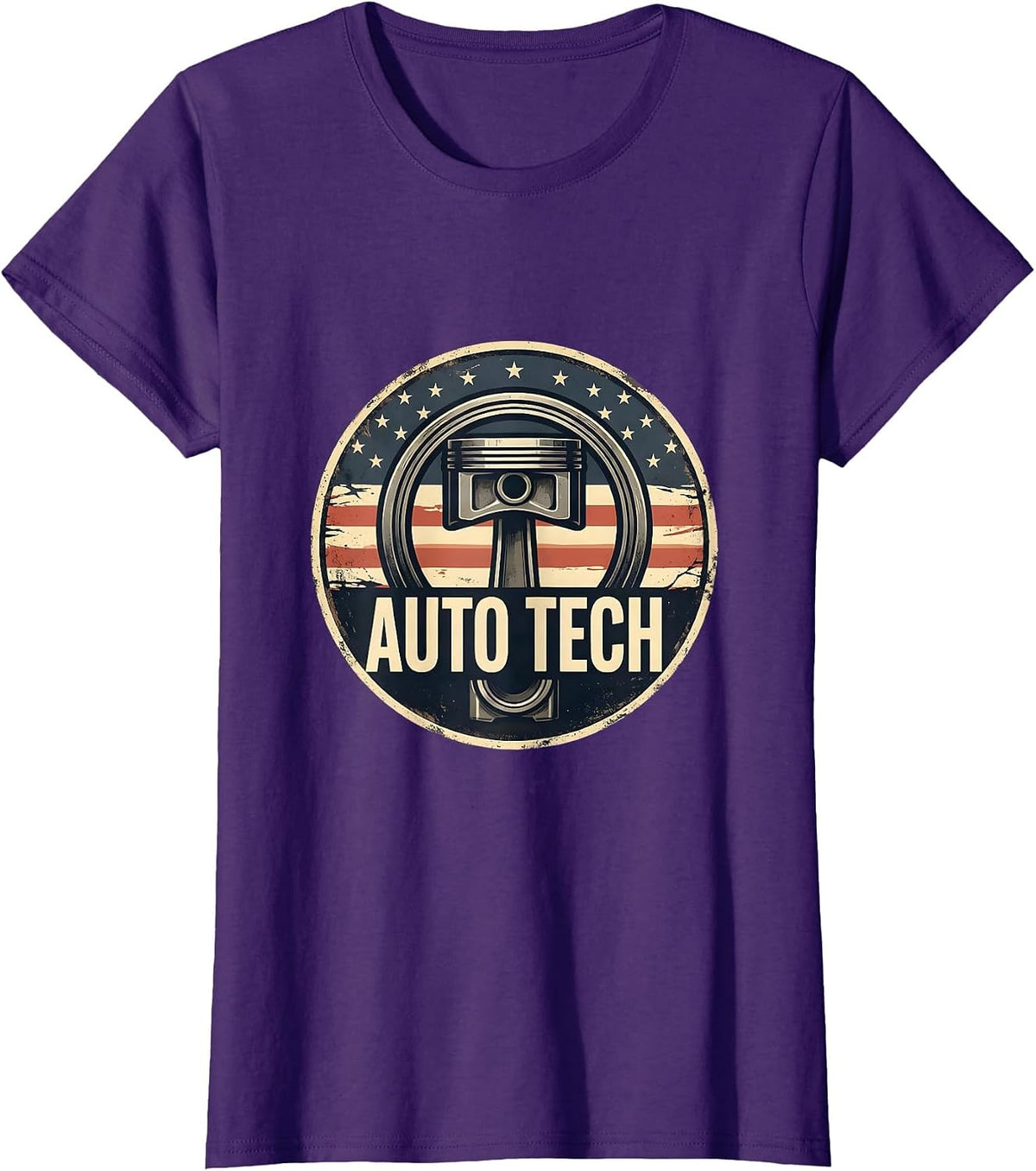 Women's Auto Tech Distressed American Flag Mechanic Oilfield Worker T-Shirt - Purple