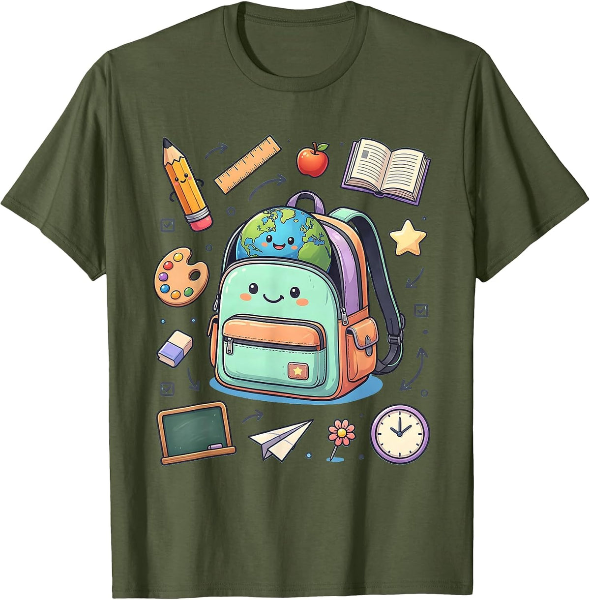 Third Grade Teacher Globe Schoolbag Graphic T-Shirt - Olive Green