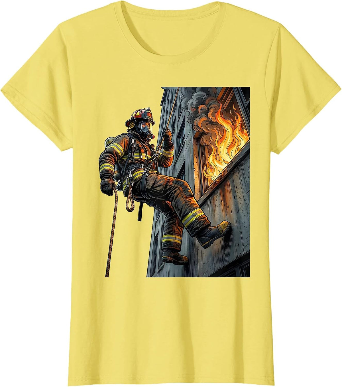 Firefighter Rappelling Down Building Graphic T-Shirt - Lemon Yellow