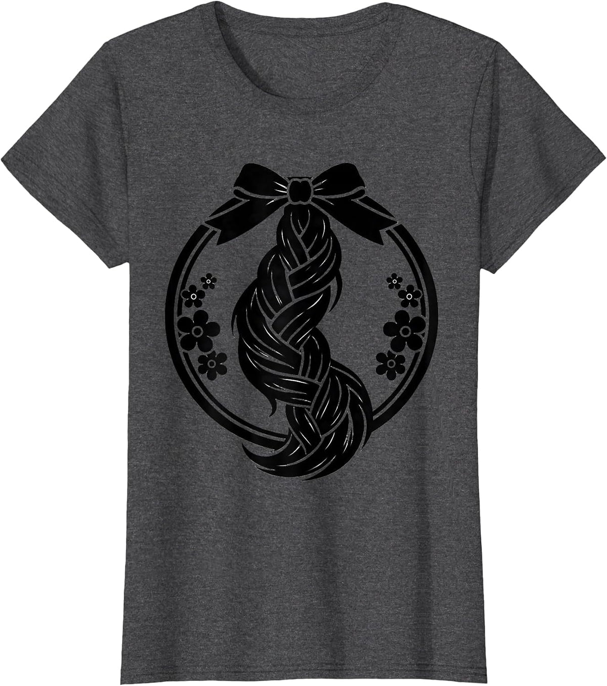 Women's Braided Horse Tail With Ribbon and Flowers T-Shirt - Dark Heather Grey