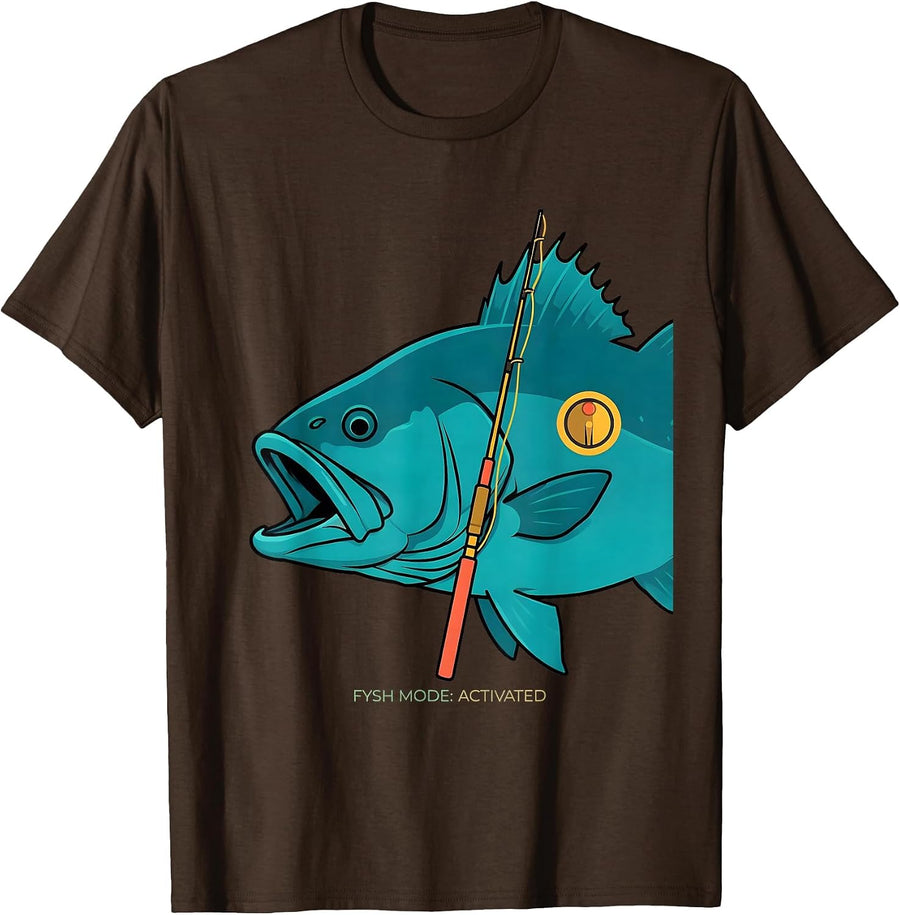 Men's Fysh Mode Activated Funny Fishing Bass Humor Dad Gift T-Shirt - Brown