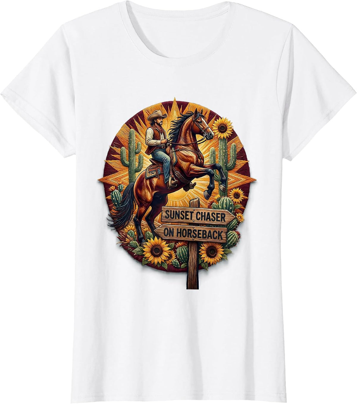 Sunset Chaser On Horseback Cowboy Design T-Shirt - White