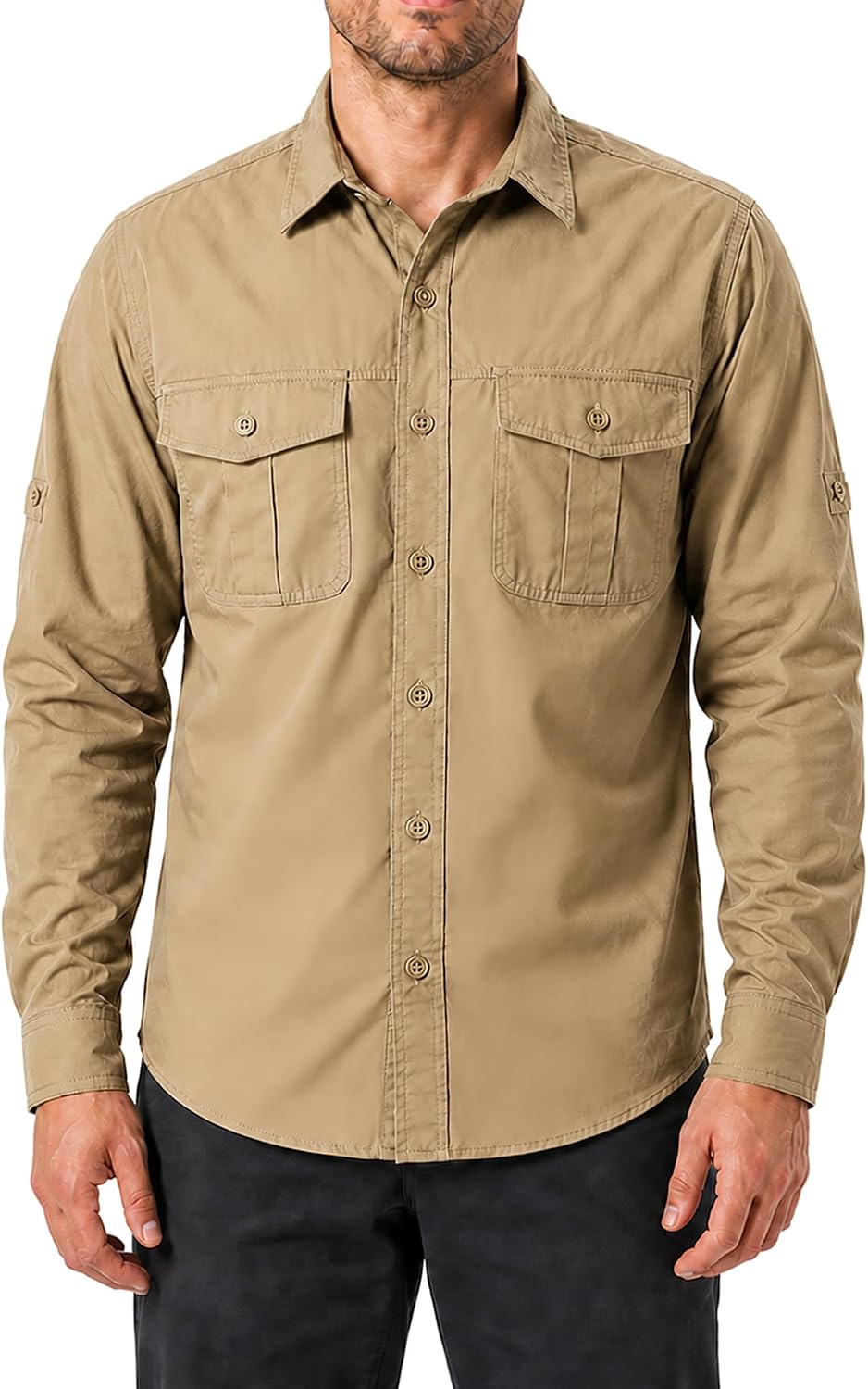 FREDD MARSHALL Men's Long Sleeve Cotton Cargo Work Shirt with Pockets - Khaki