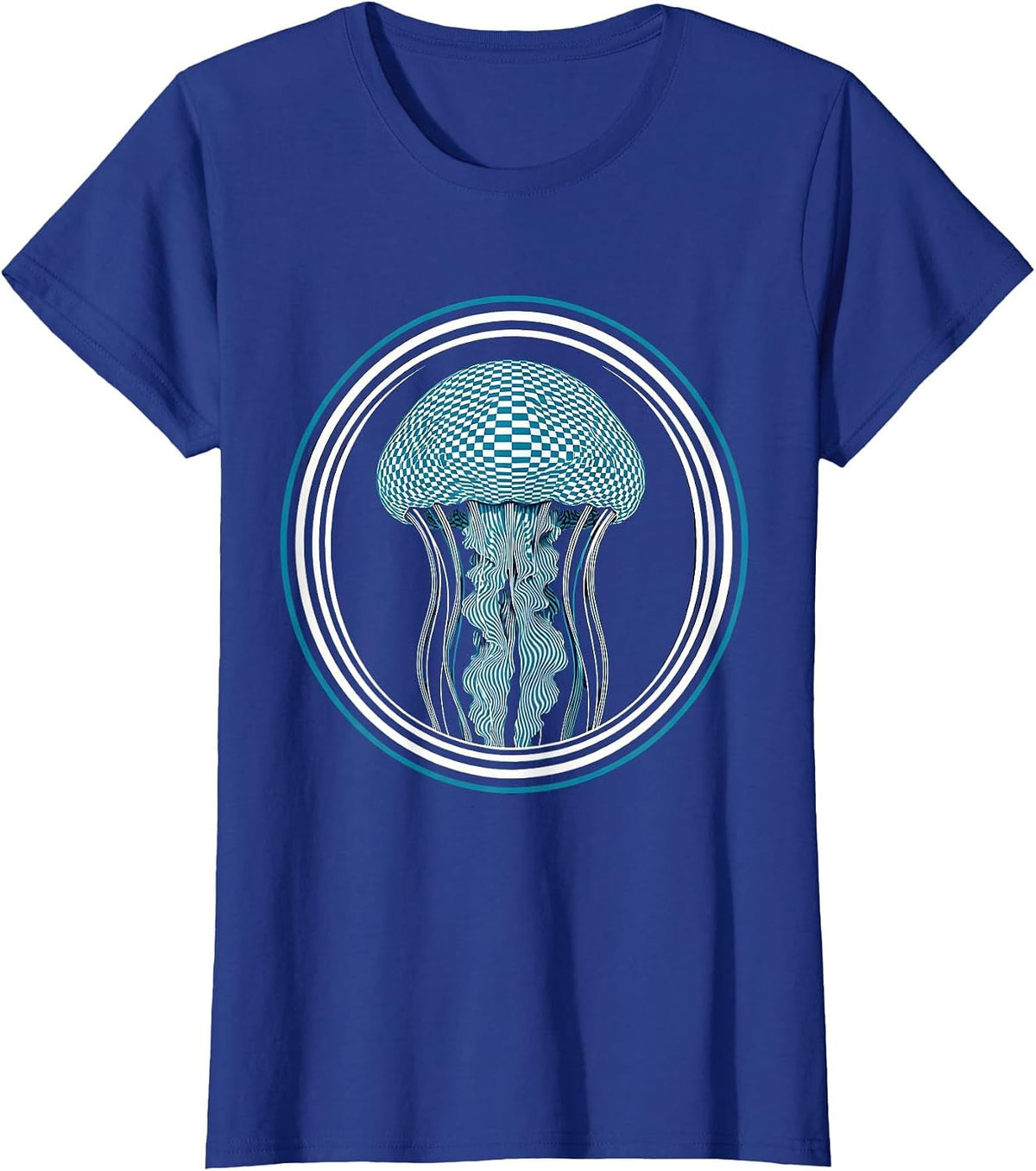 Women's Checkered Jellyfish Deep Ocean Graphic Design T-Shirt - Royal Blue