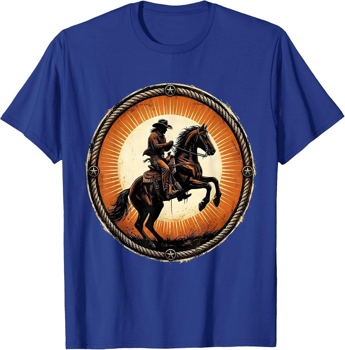 Cowboy on Rearing Horse at Dusk Illustration T-Shirt - Royal Blue