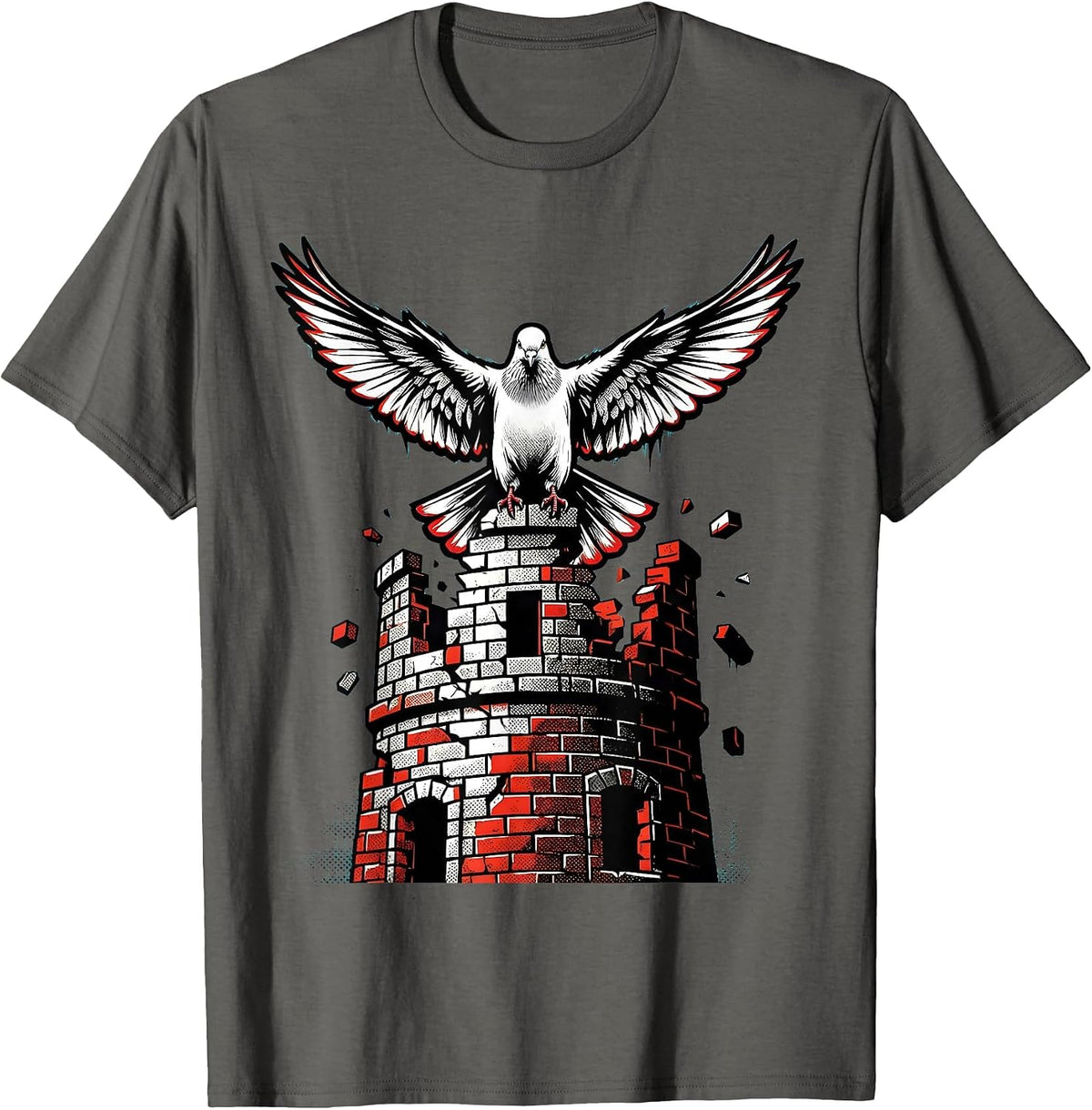 Dove Perched on a Crumbling Tower Illustration T-Shirt - Asphalt Grey