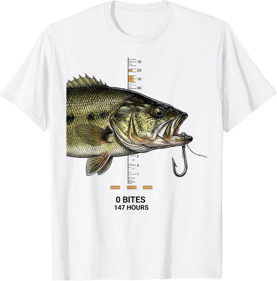 Men's 0 Bites 147 Hours Funny Bass Fishing Humor T-Shirt - White
