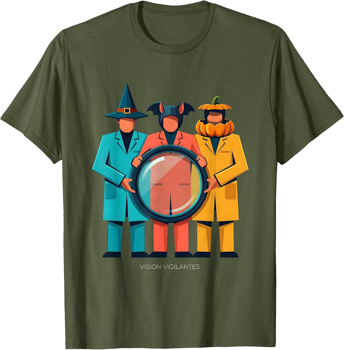 Men's Vision Vigilantes Flat Vector Halloween Optometrist Eye T-Shirt - Olive Green