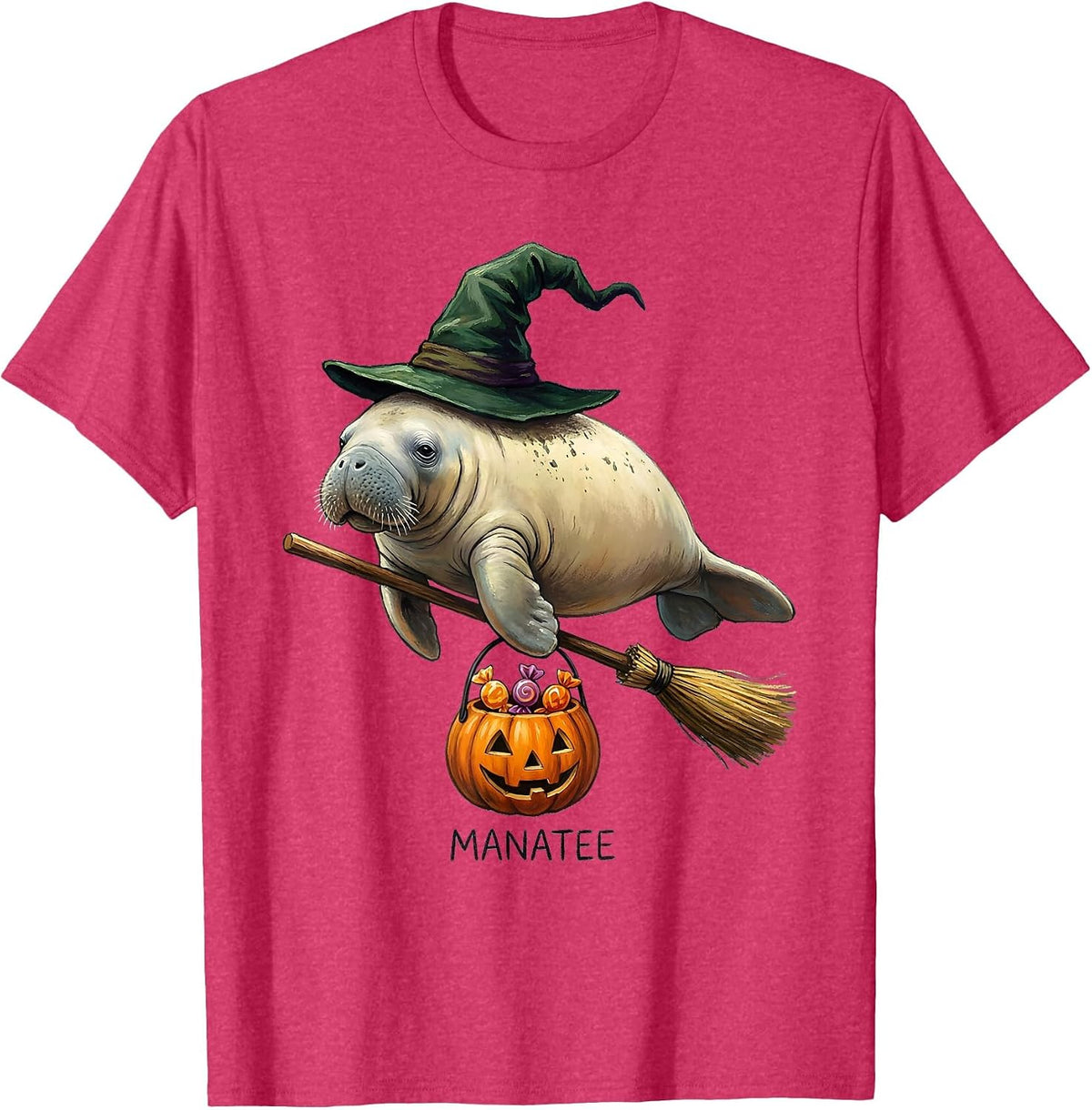 Men's Manatee Whimsical Storybook Halloween Witch Hat Animal T-Shirt - Red Heather