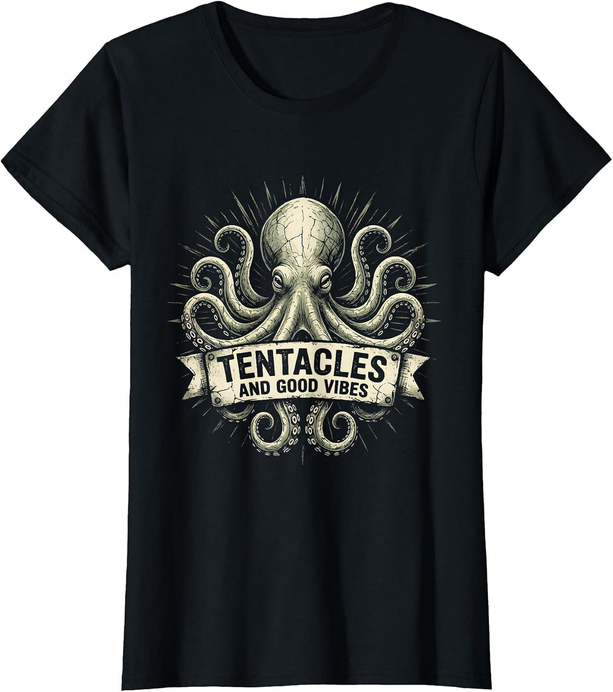Tentacles And Good Vibes Octopus Design T-Shirt - Black