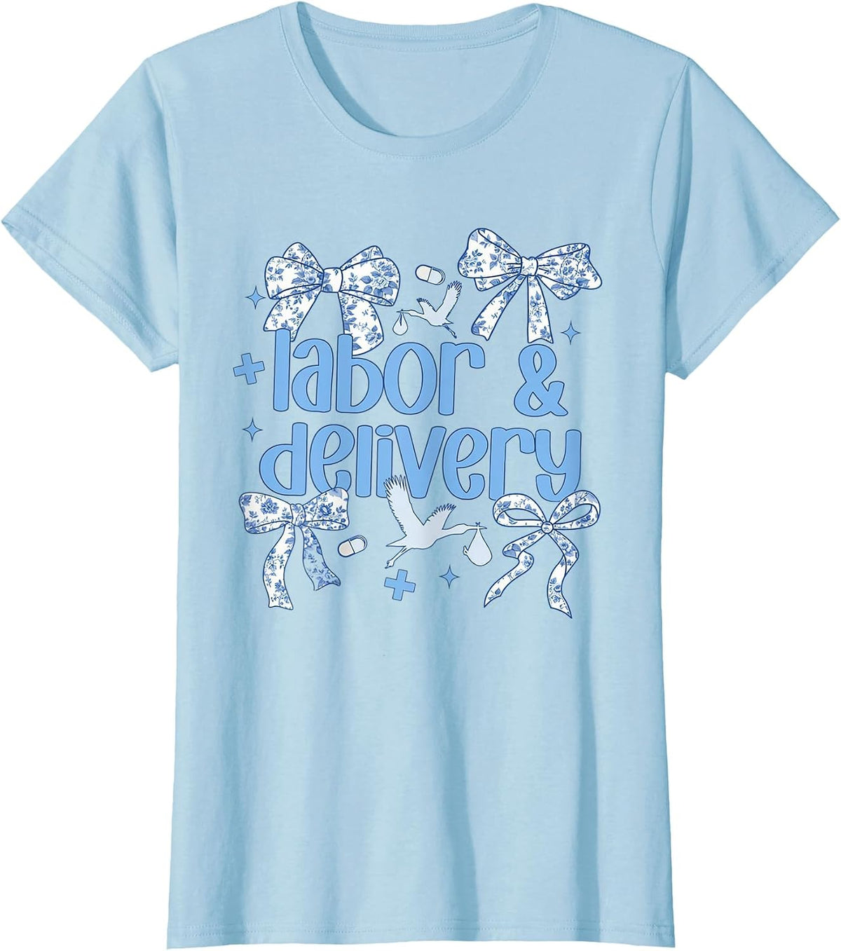 Labor and Delivery Nurse Blue Toile Nurse Stork Squad OB T-Shirt - Baby Blue