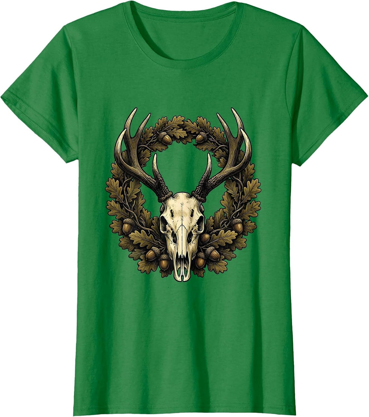 Women's Bottomland Camo Whitetail Deer Skull Antlers T-Shirt - Kelly Green