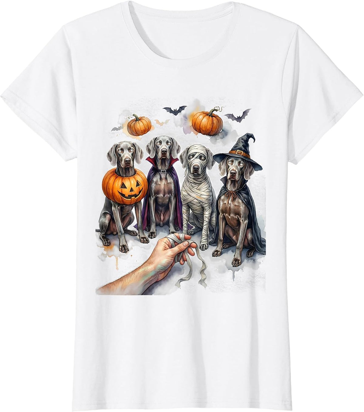 Women's Halloween Weimaraner Squad Pumpkin Vampire Mummy Witch Dog T-Shirt - White