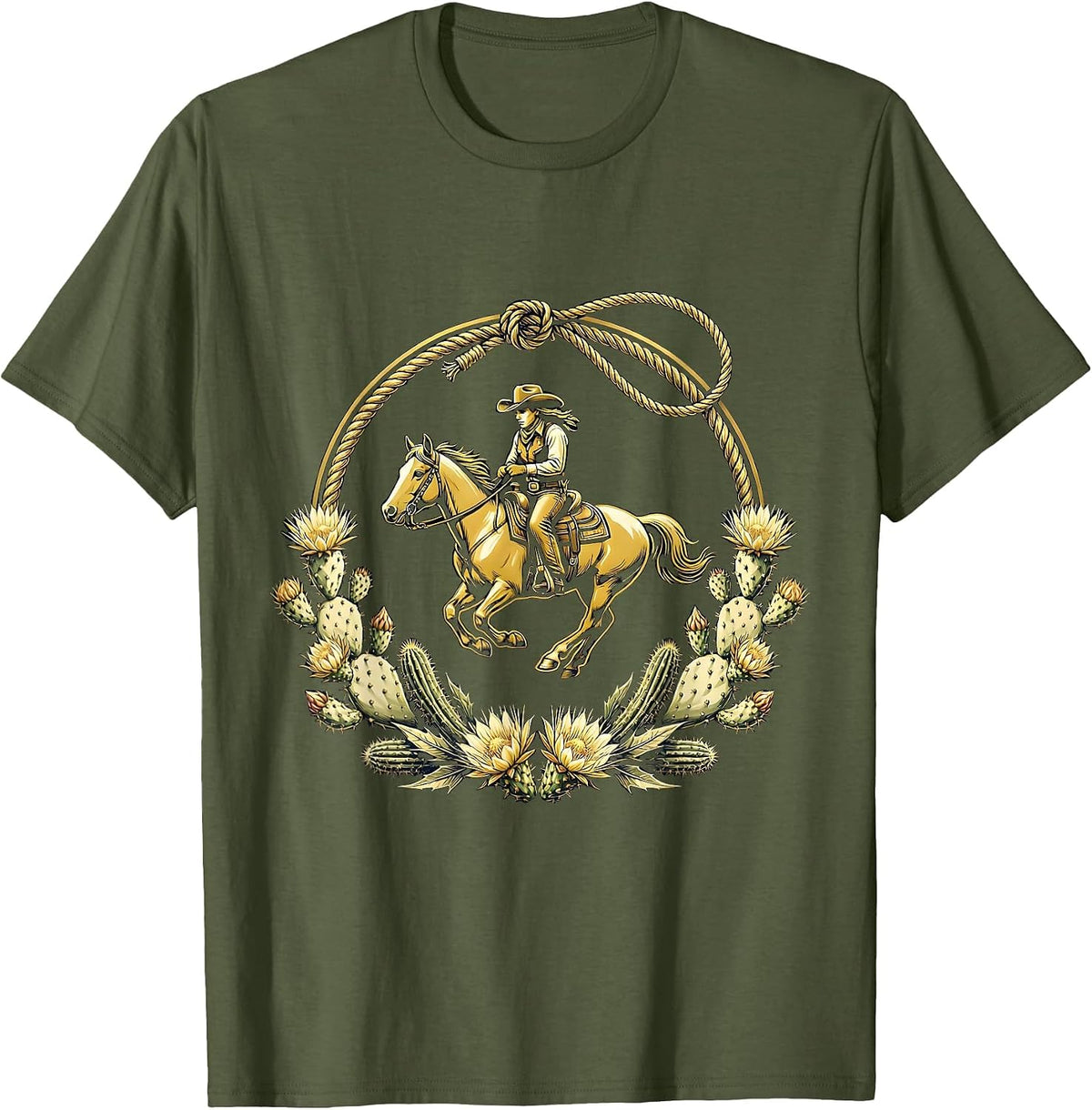 Cowgirl Riding Horse Through Desert Wildflowers T-Shirt - Olive Green