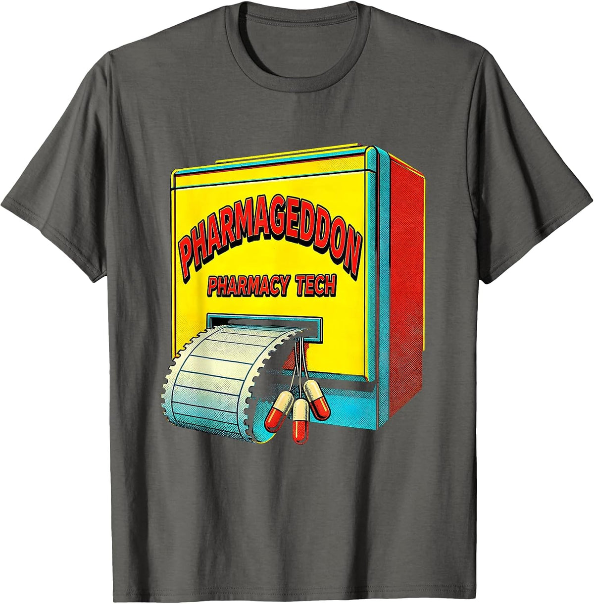 Men's Pharmageddon Pharmacy Tech Pop Art Pharmacy Technician Pun T-Shirt - Asphalt Grey