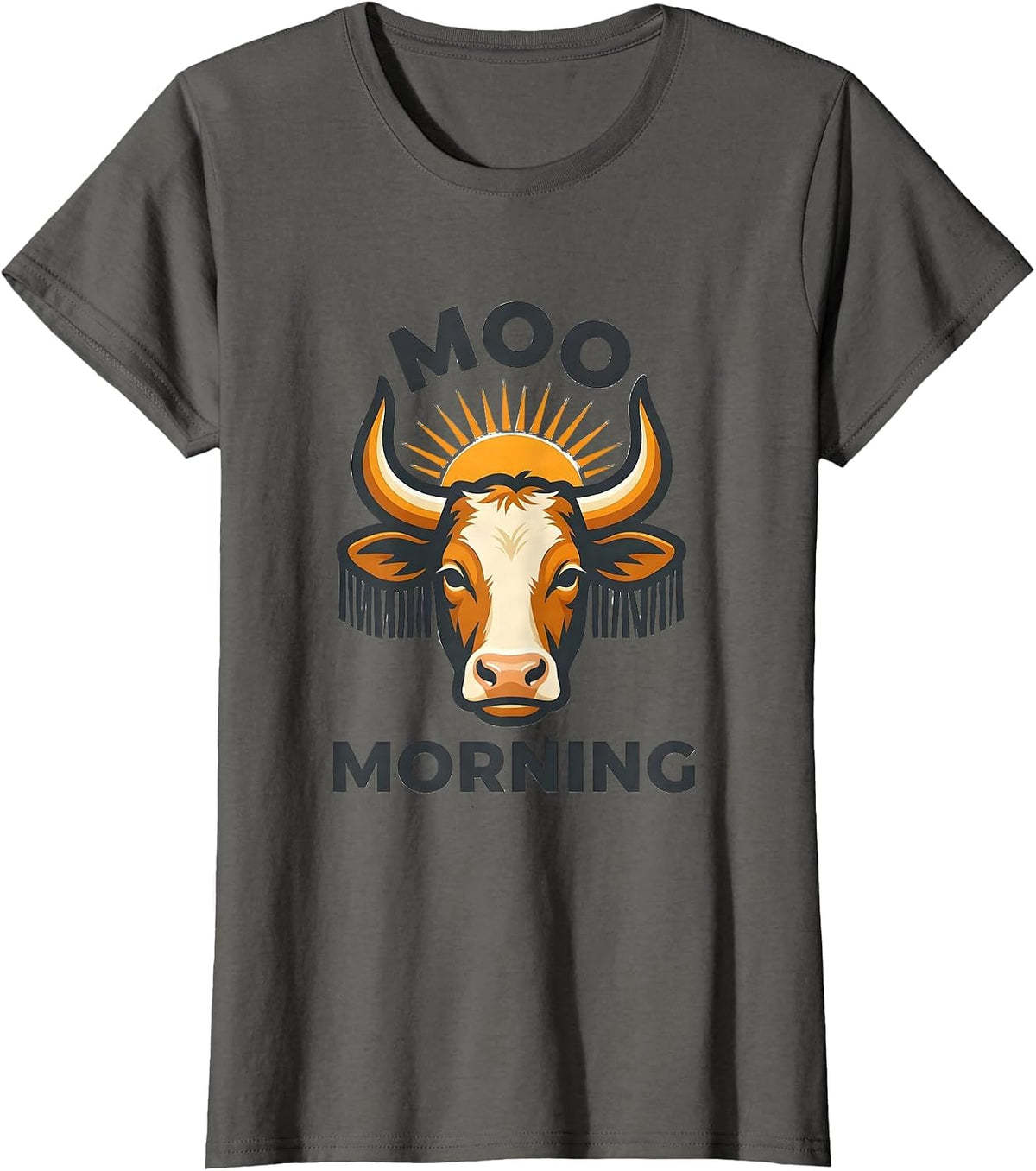 Women's Moo Morning Funny Cow Lover Novelty Graphic T-Shirt - Asphalt Grey