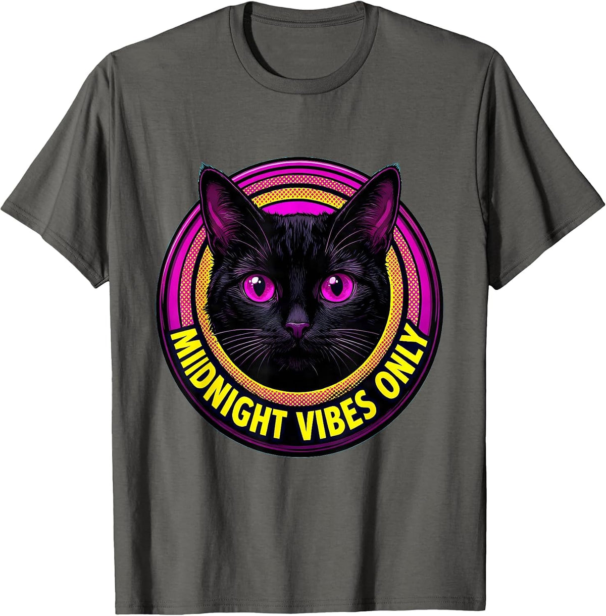 Black Cat Midnight Vibes Only Graphic Design T-Shirt - Asphalt Grey