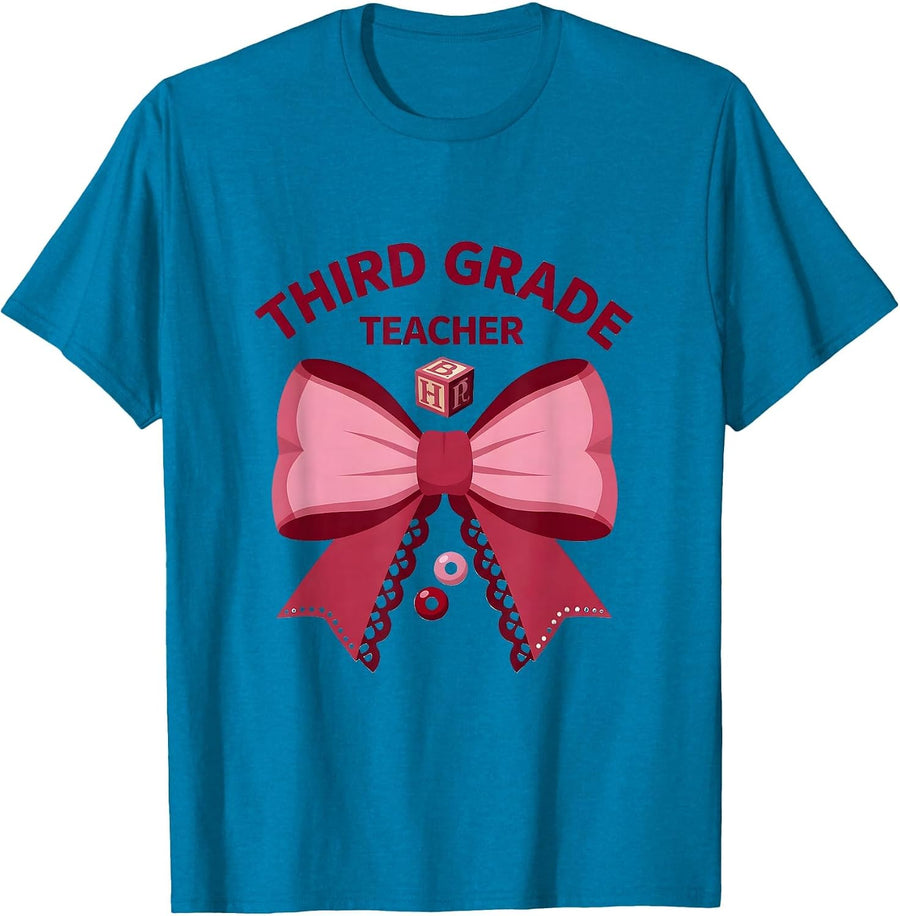 Third Grade Teacher Coquette Bow Back to School Patchwork T-Shirt - Sapphire Blue
