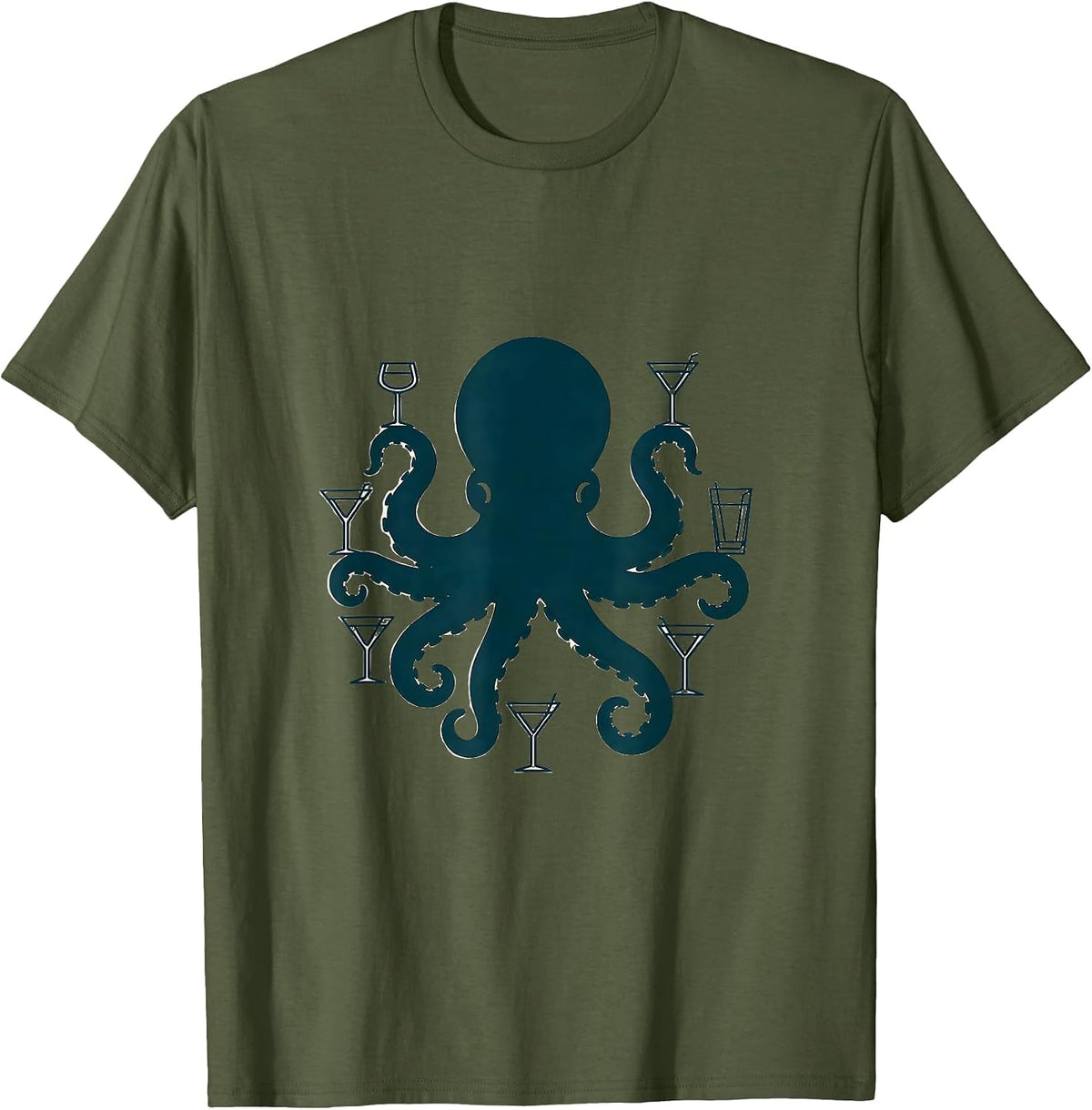 Men's Octopus Bartender Juggling Cocktail Glasses T-Shirt - Olive Green