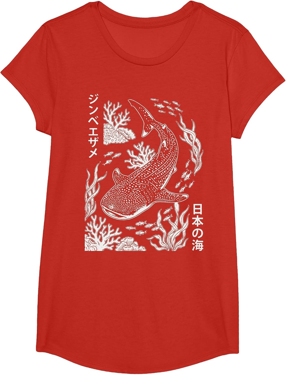 Whale Shark Japanese Ocean T-Shirt - Girls Red