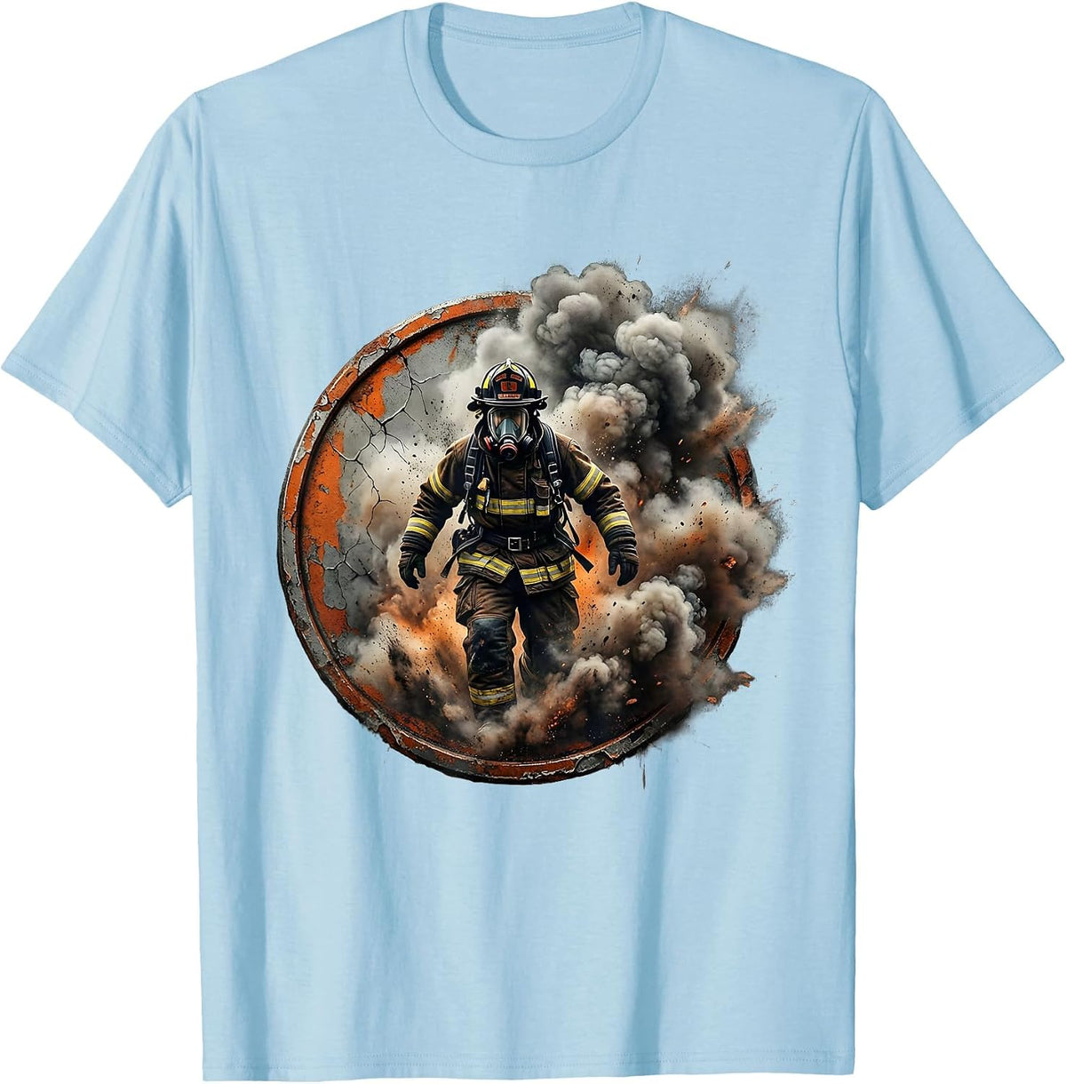 Firefighter Emerging From Smoke and Ash Graphic T-Shirt - Baby Blue