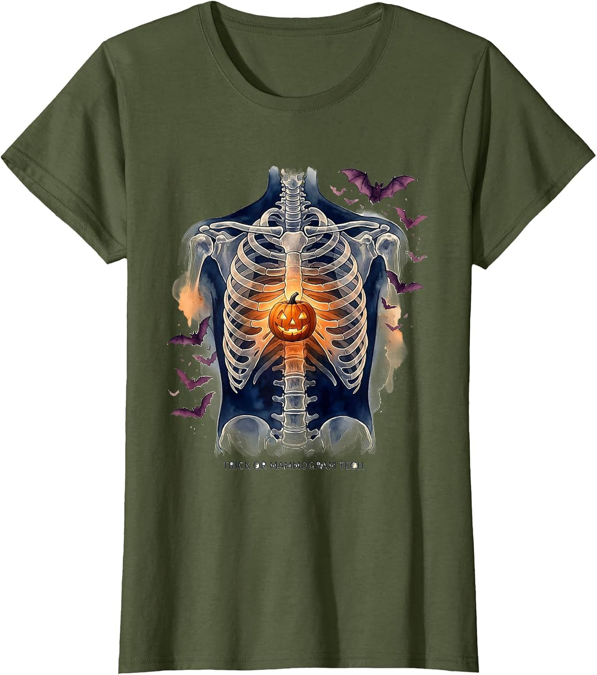 Women's Trick Or Mammogram Tech Funny Radiology Tech Halloween Humor T-Shirt - Olive Green