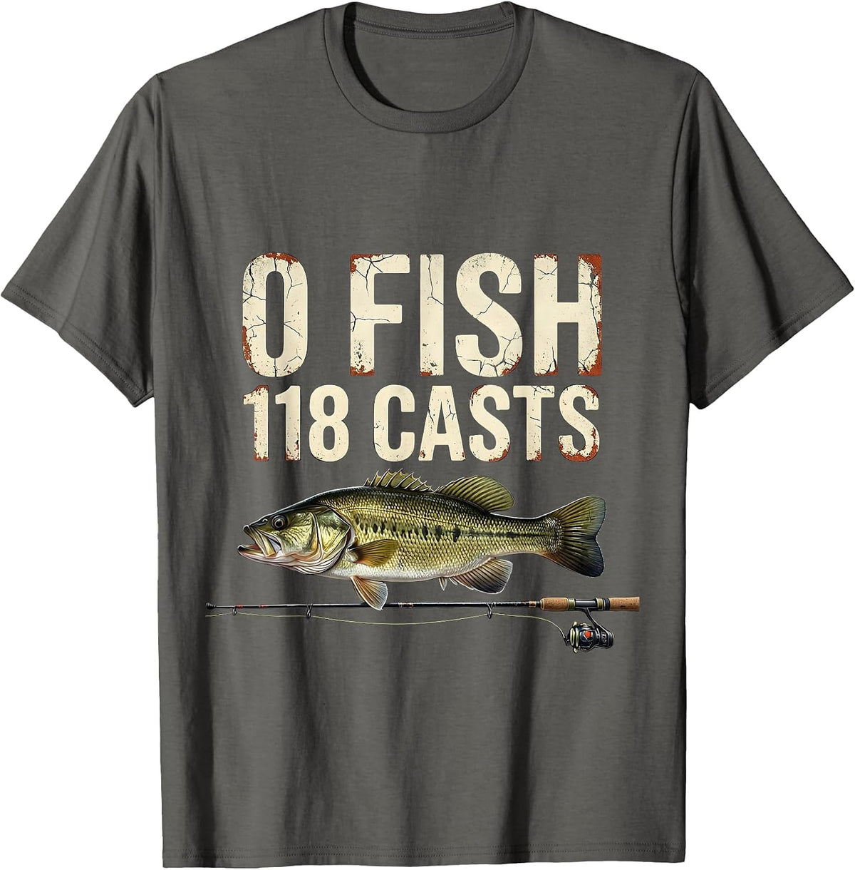 0 Fish 118 Casts Distressed Bass Fishing Humor T-Shirt - Asphalt Grey