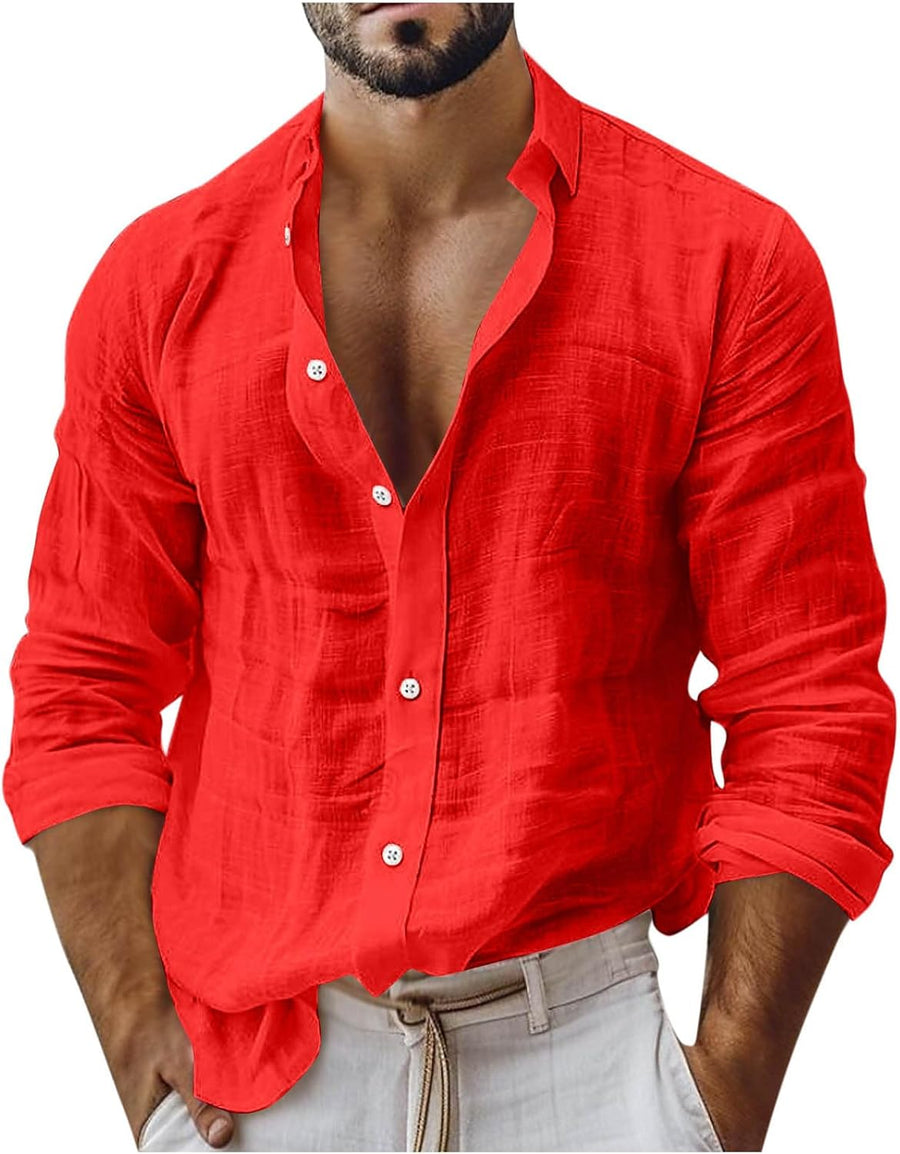 Mens Casual Linen Tops Long Sleeve Cotton Gauze Shirts Button Down Plain Collared Summer Spring Beach Hippie Shirt - Red
