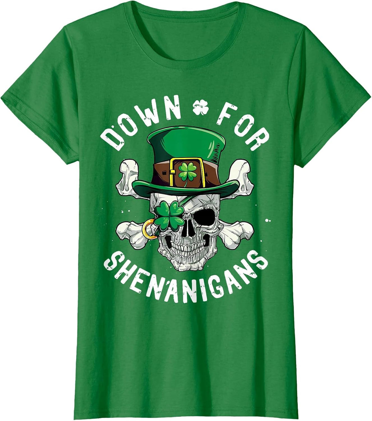 Pirate Skull St Patricks Day Leprechaun Down for Shenanigans T-Shirt - Kelly Green