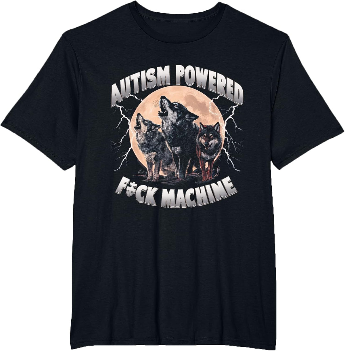 Autism Powered F ck Machine Funny Meme Wolf Autistic Retro T-Shirt - Black