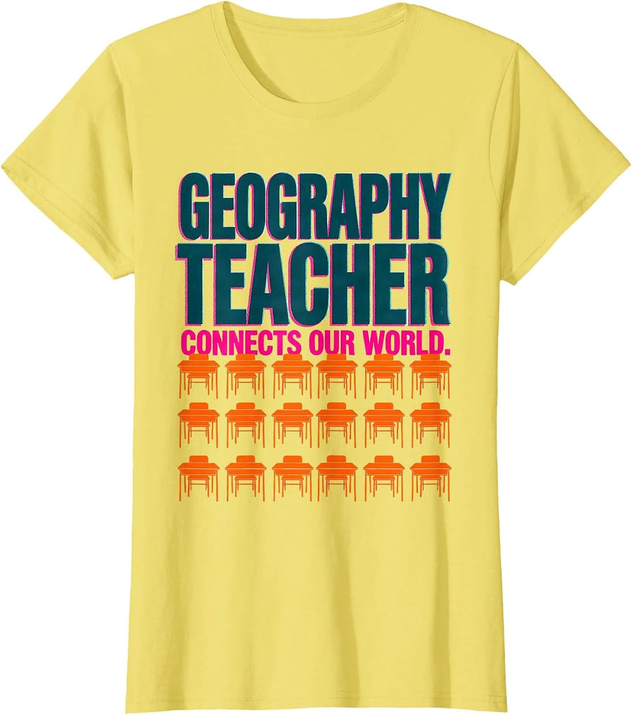 Geography Teacher Connects Our World Risograph Humor Teacher T-Shirt - Lemon Yellow