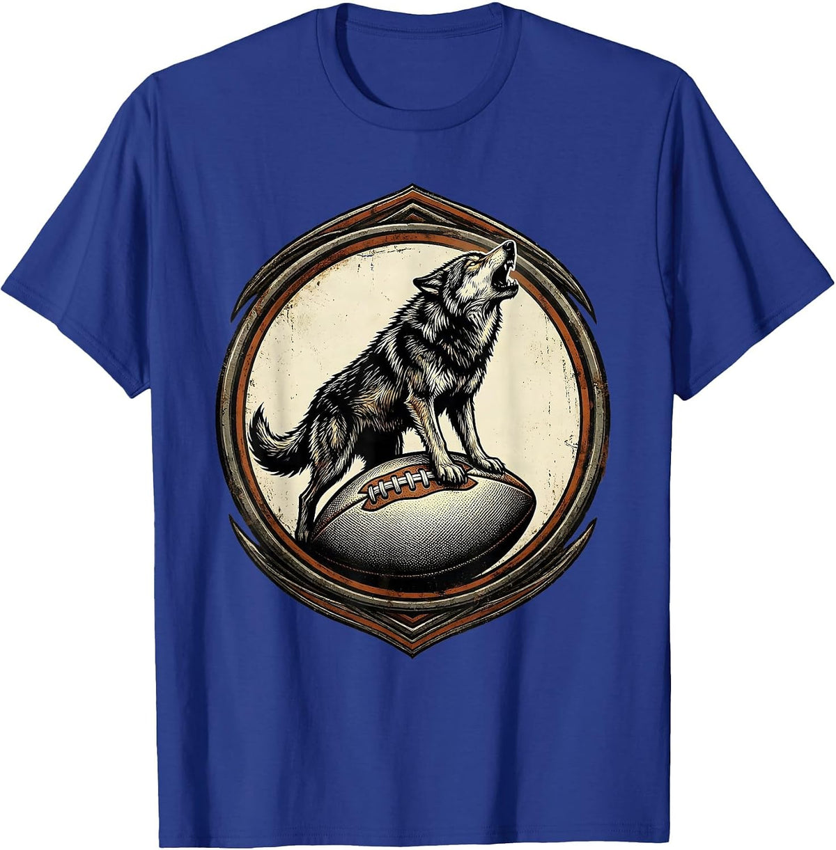 Wolf Howling on Rugby Ball Graphic Design T-Shirt - Royal Blue