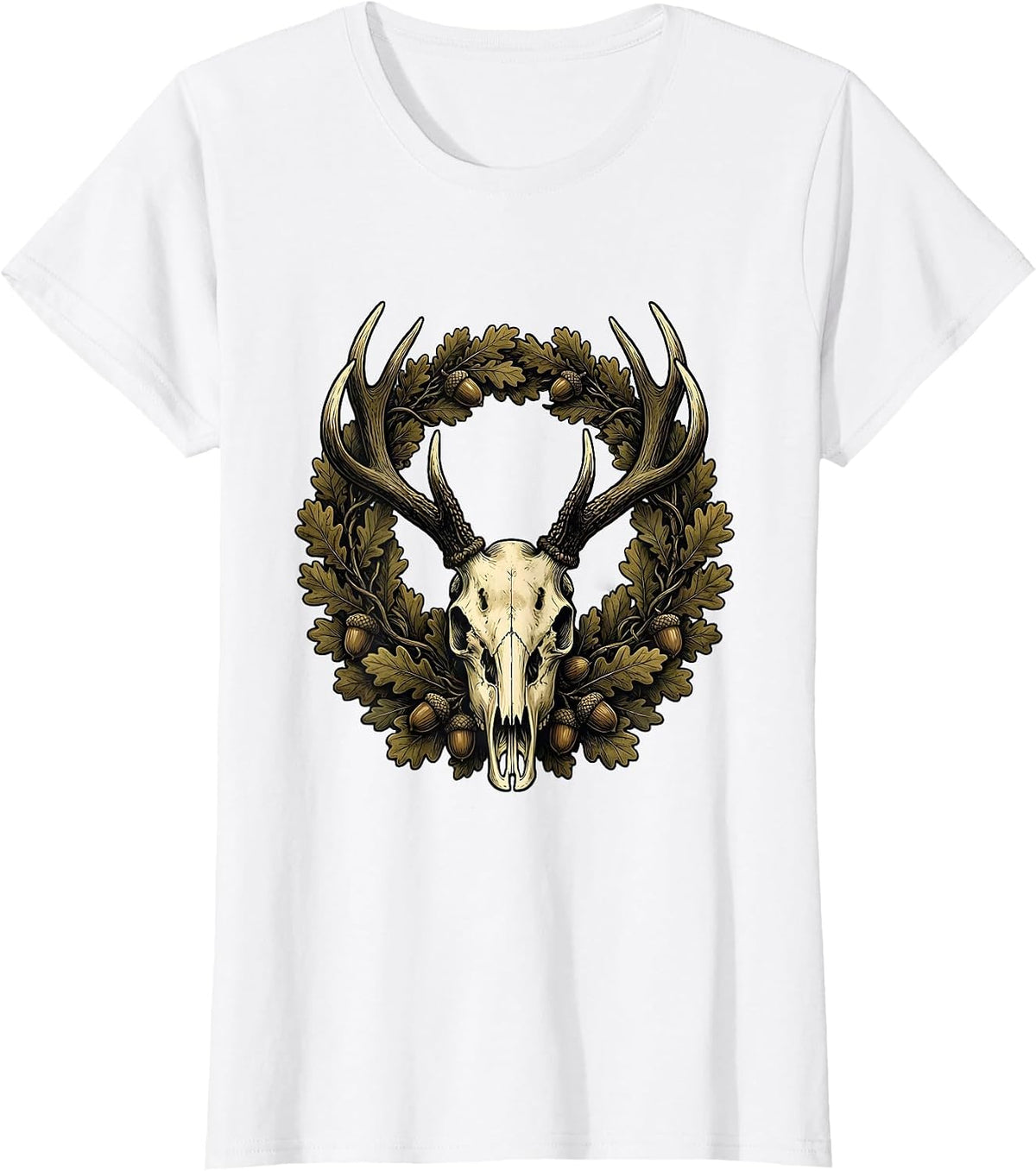 Women's Bottomland Camo Whitetail Deer Skull Antlers T-Shirt - White
