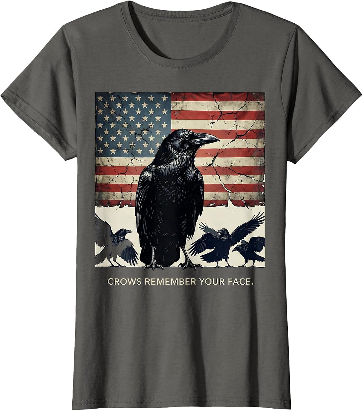 Women's Crows Remember Your Face Crow Warning Design T-Shirt - Asphalt Grey