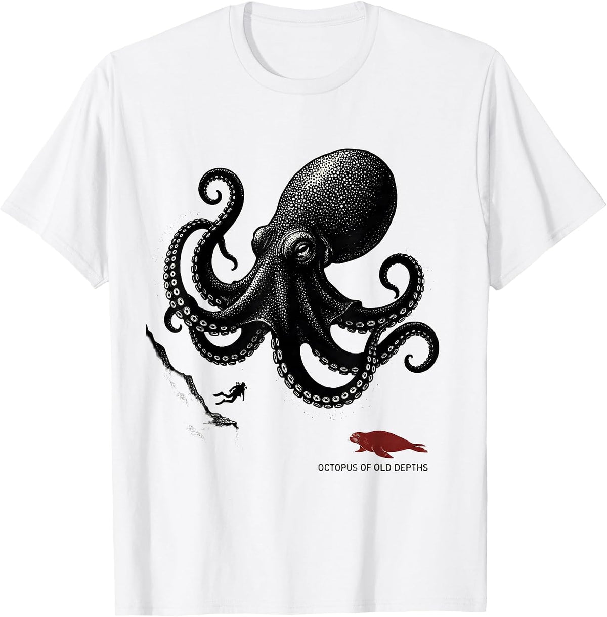 Men's Octopus of Old Depths Blackwork Dotwork Ocean Animal Lover T-Shirt - White