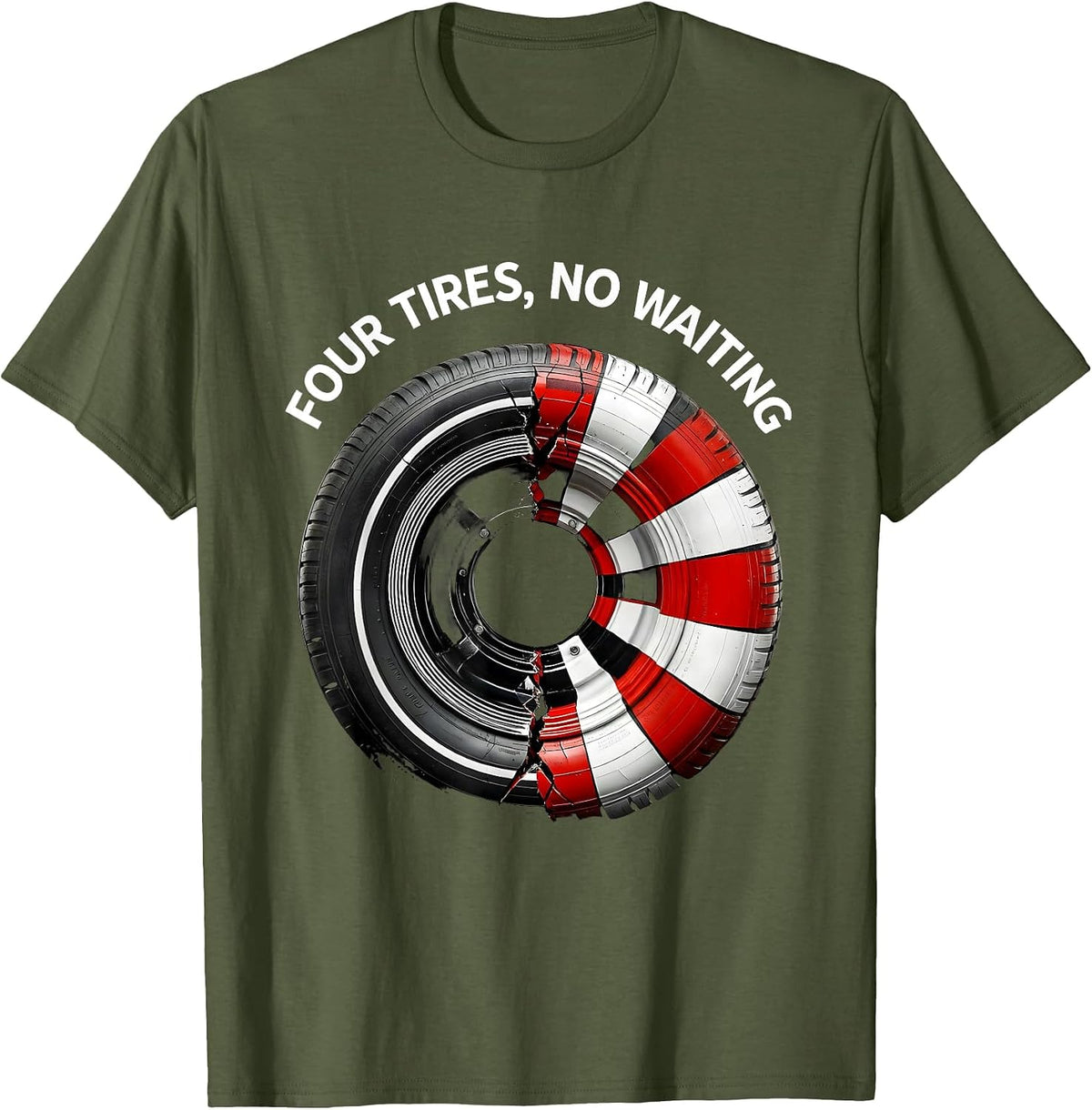 Men's Four Tires No Waiting Pit Crew Racing Design T-Shirt - Olive Green